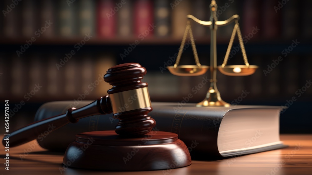Wooden judge gavel and books, Generative AI Wooden judge gavel and books, Generative AI