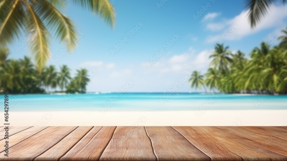 Empty wooden table top product display showcase stage. Tropical summer, palm trees, white sand and blue ocean in the background. Generative AI - obrazy, fototapety, plakaty 