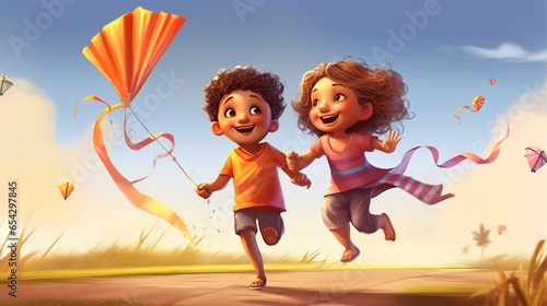 Makar Sakranti, Kids flying kite, Generative ai. photo