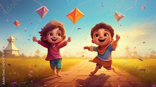 Makar Sakranti, Kids flying kite, Generative ai. photo