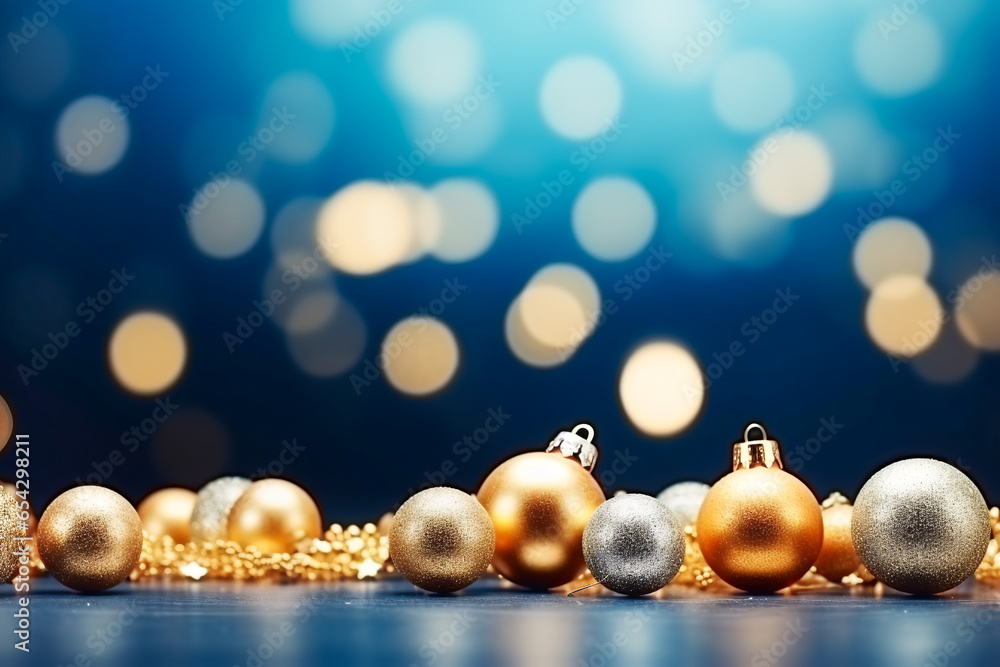 Fototapeta premium Christmas New Years greeting card banner with gold tree ornaments glitter on dark blue background. Template with copy space