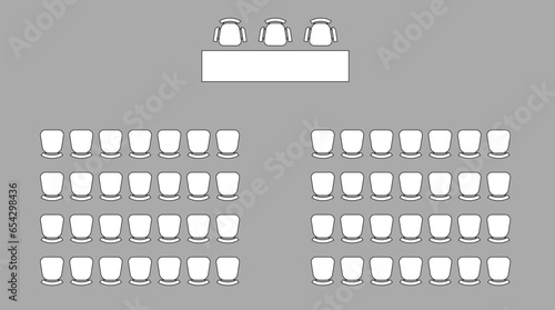 Furniture elements top view, plan of auditorium, classroom with place spectators. Kit for plan of office, lecture hall, workspace, education, school. Scheme chairs and tables. Collection for interior