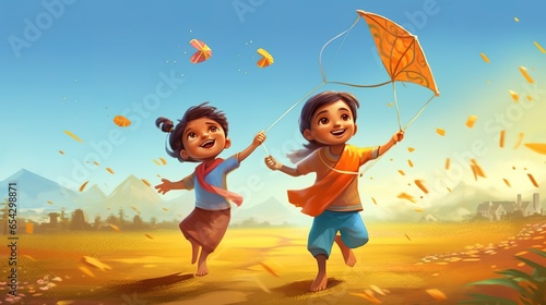 Makar Sakranti, Kids flying kite, Generative ai. photo