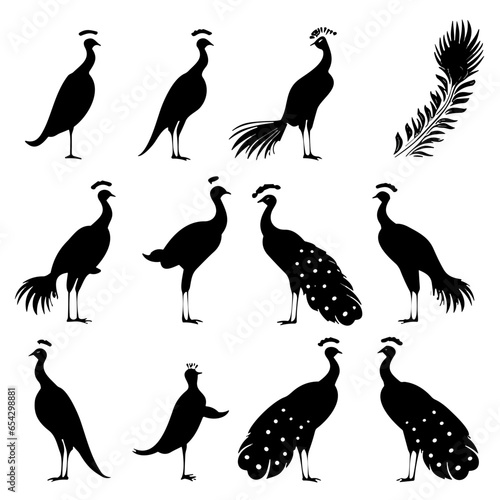 set of silhouettes of peacock