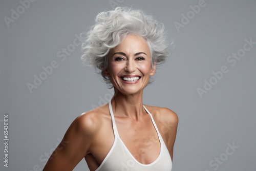 Joyful woman in vintage style smiles at the camera, radiating timeless happiness
