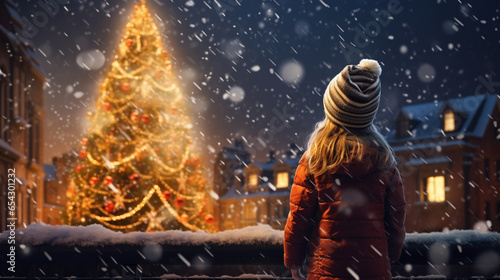 Child gazes at Christmas tree in snowy city, a magical and enchanting moment.