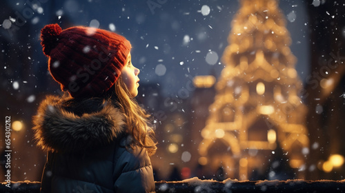 Child gazes at Christmas tree in snowy city, a magical and enchanting moment.