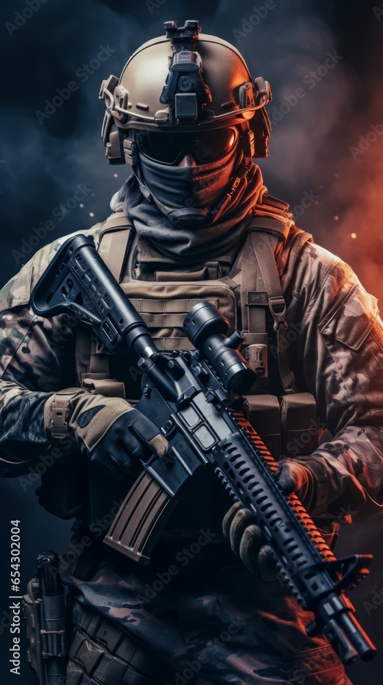 Soldier in uniform with a rifle, Generative AI Soldier in uniform with a rifle, Generative AI