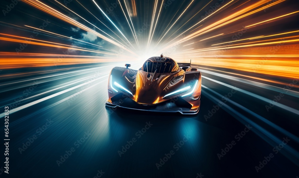 Racing car at high speed riding in illuminated road tunnel. Generative AI