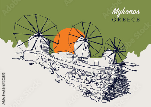 Drawing sketch illustration of the traditional Aegean windmills in Mykonos, Greece