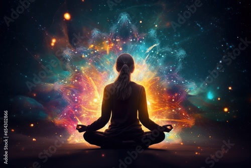 Silhouette of girl in Lotus position on the abstract positive energy background. Generative AI photo