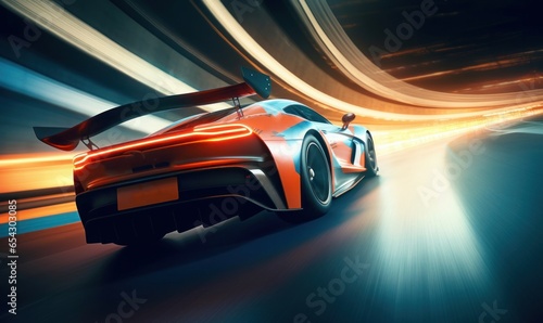 Sport racing car at high speed riding in illuminated road tunnel. Generative AI photo