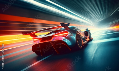 Sport racing car at high speed riding in illuminated road tunnel. Generative AI © Lumina Frame