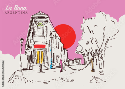Drawing sketch illustration of a traditional street in La Boca, Argentina