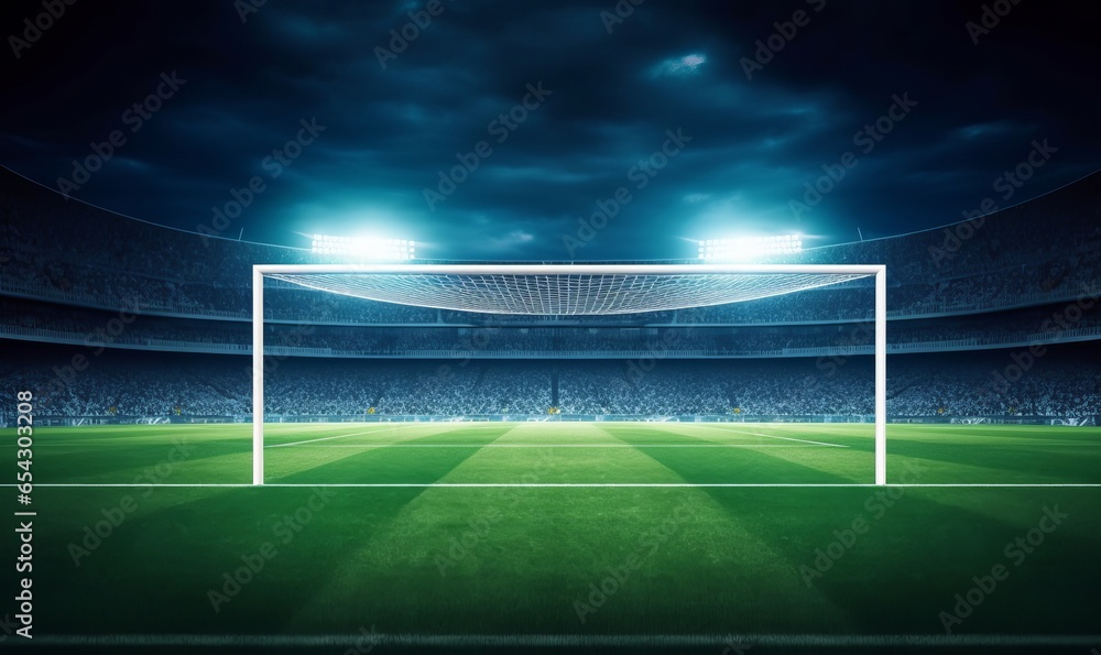 Football stadium penalty spot view with empty goal and cheering fans on background. Digital 3D illustration for sport advertising, Generative AI - obrazy, fototapety, plakaty 