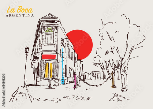 Drawing sketch illustration of a traditional street in La Boca, Argentina