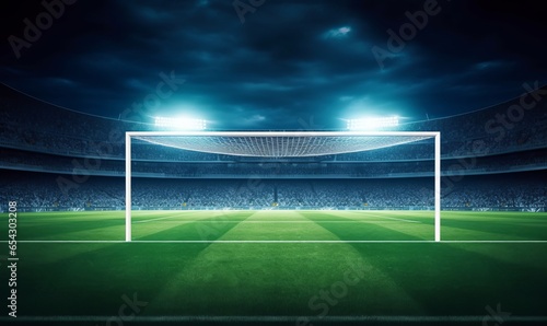 Football stadium penalty spot view with empty goal and cheering fans on background. Digital 3D illustration for sport advertising, Generative AI photo