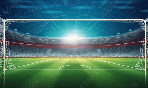 Football stadium penalty spot view with empty goal and cheering fans on background. Digital 3D illustration for sport advertising, Generative AI © Lumina Frame