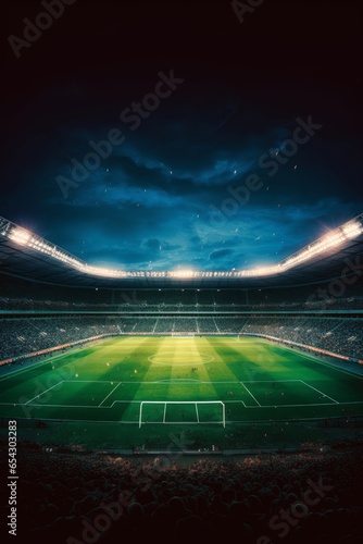 Stadium building full of spectators expecting an evening match on the grass field. High format for social network banners or posters. Sport building 3D professional background, Generative AI