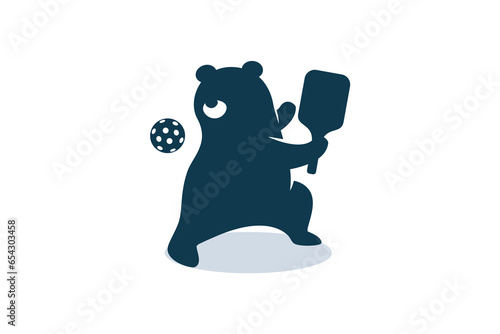 A cute cartoon bear is playing pickleball with adorable pose. pickleball mascot for logo, banner, flyer, etc.