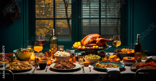 Thanksgiving Dining Table. Roast Turkey