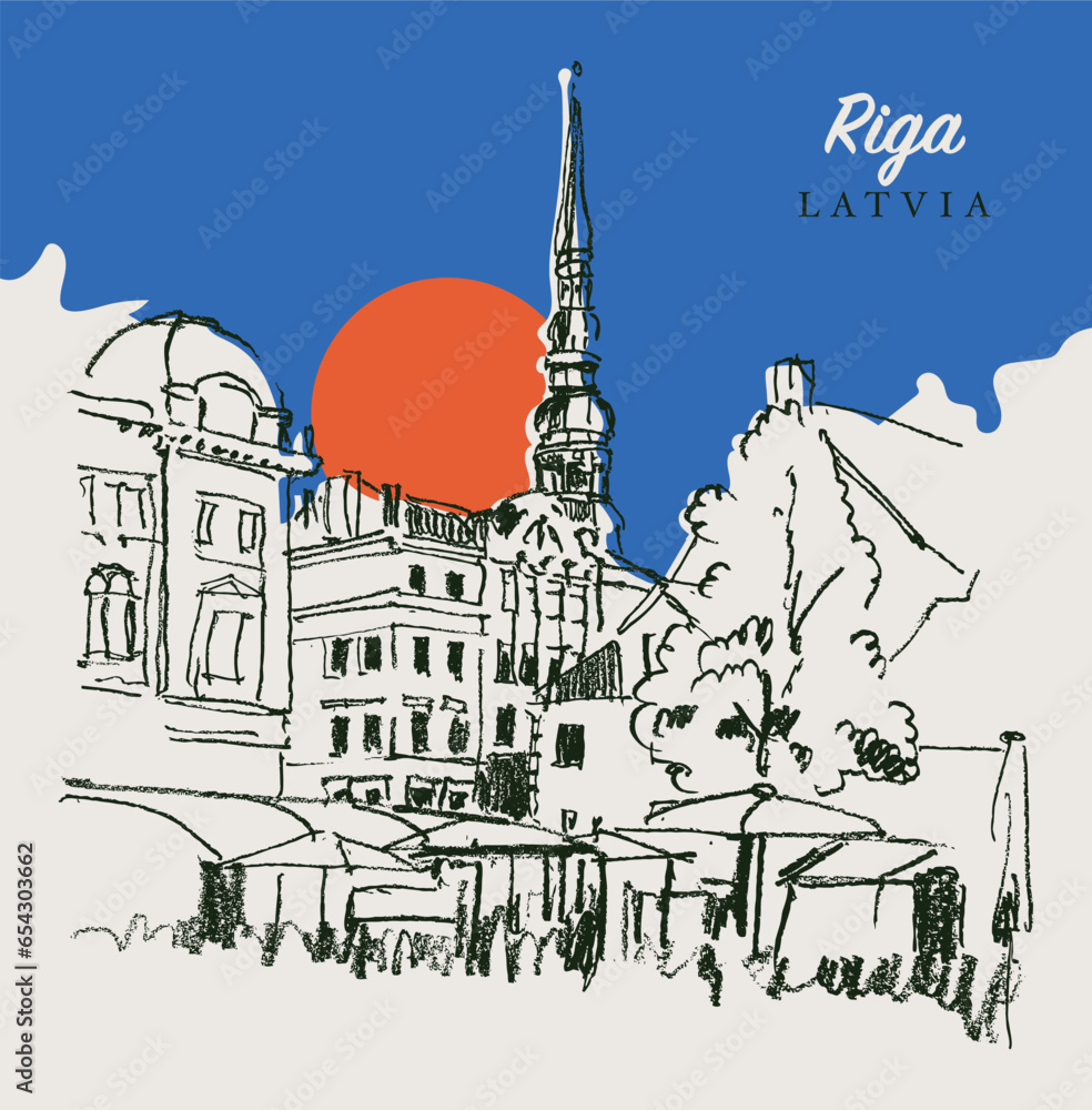 Drawing sketch illustration of a street in Riga, Latvia