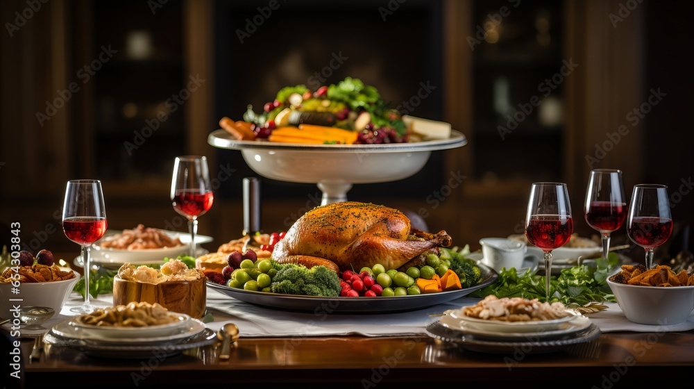 Thanksgiving Dinner Full Spread on Table in Southern Fall Home Thanksgiving Dinner Full Spread on Table in Southern Fall Home