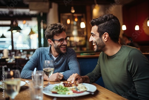 The beginning of a gay couple s relationship. Gay male couple on a date at restaurant.