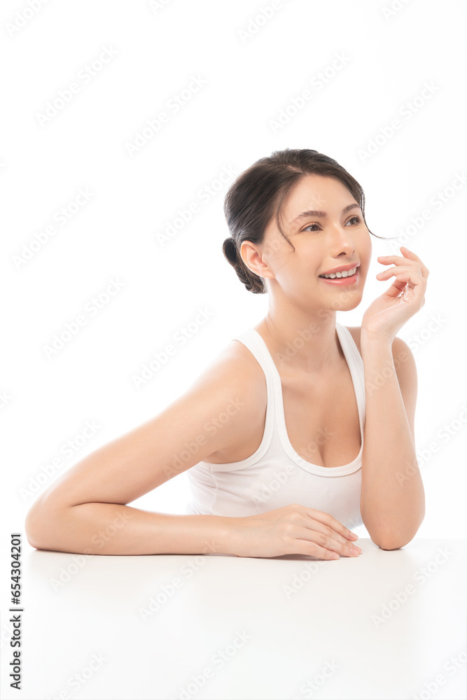 A portrait of young beautiful woman face with smooth healthy skin on white background , Skincare concept A portrait of young beautiful woman face with smooth healthy skin on white background , Skincare concept