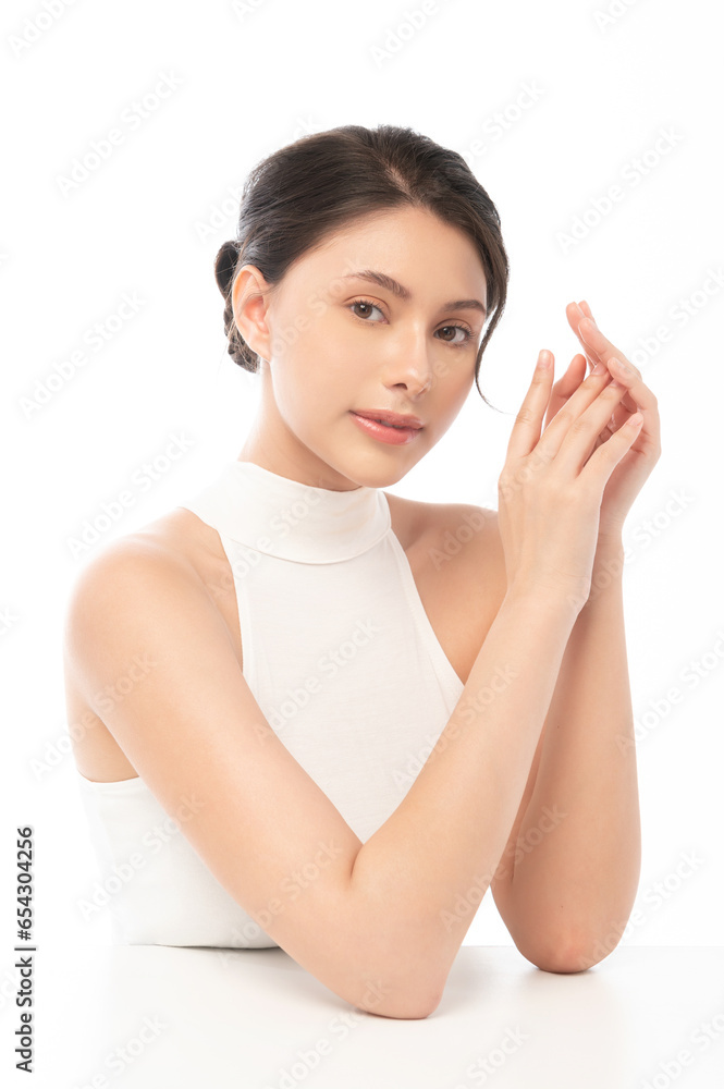 A portrait of young beautiful woman face with smooth healthy skin on white background , Skincare concept A portrait of young beautiful woman face with smooth healthy skin on white background , Skincare concept