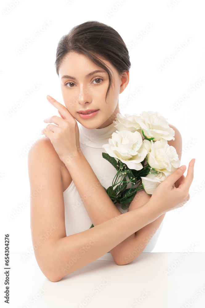 A portrait of young beautiful woman face with smooth healthy skin on white background , Skincare concept A portrait of young beautiful woman face with smooth healthy skin on white background , Skincare concept