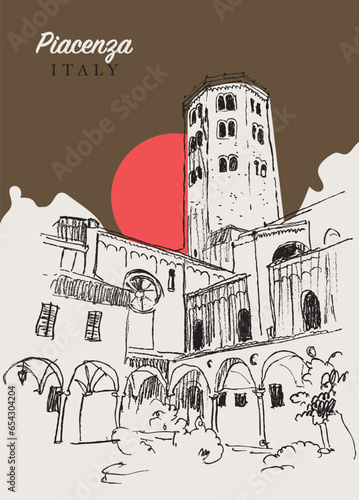 Drawing sketch illustration of Sant'Antonio church in Piacenza, Italy