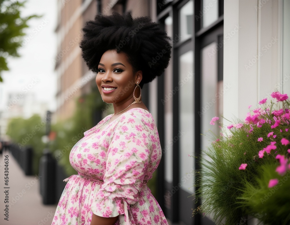 A beautiful black lady standing outside in a city street A beautiful black lady standing outside in a city street