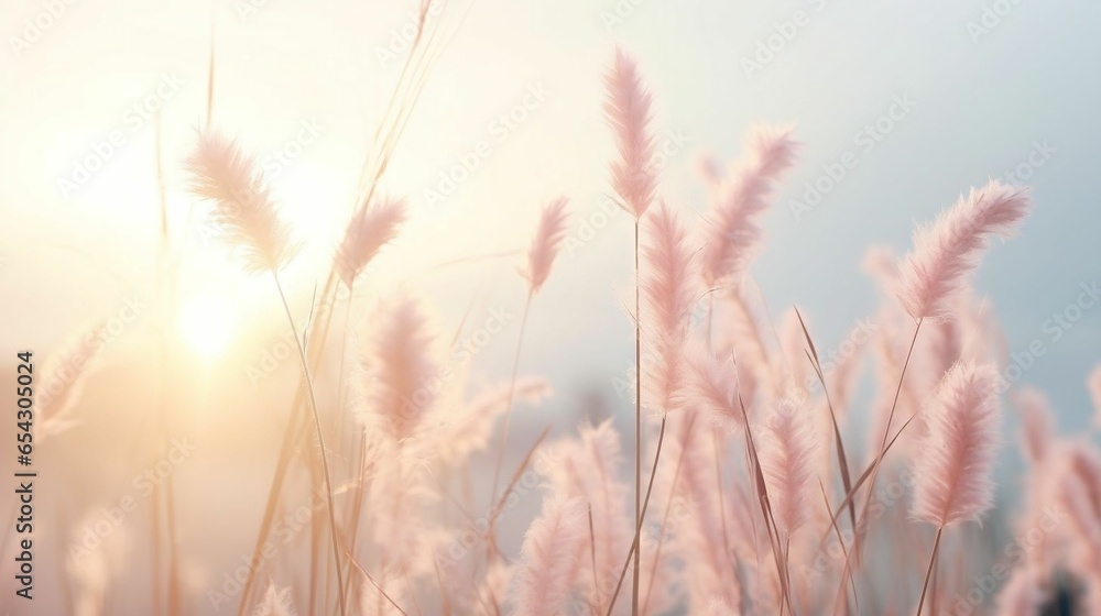 Gently swaying grass flowers in misty morning sky