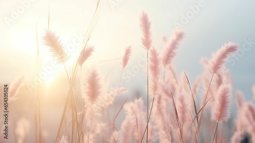 Gently swaying grass flowers in misty morning sky