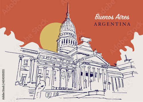 Drawing sketch illustration of the House of Representatives of Argentina in Buenos Aires