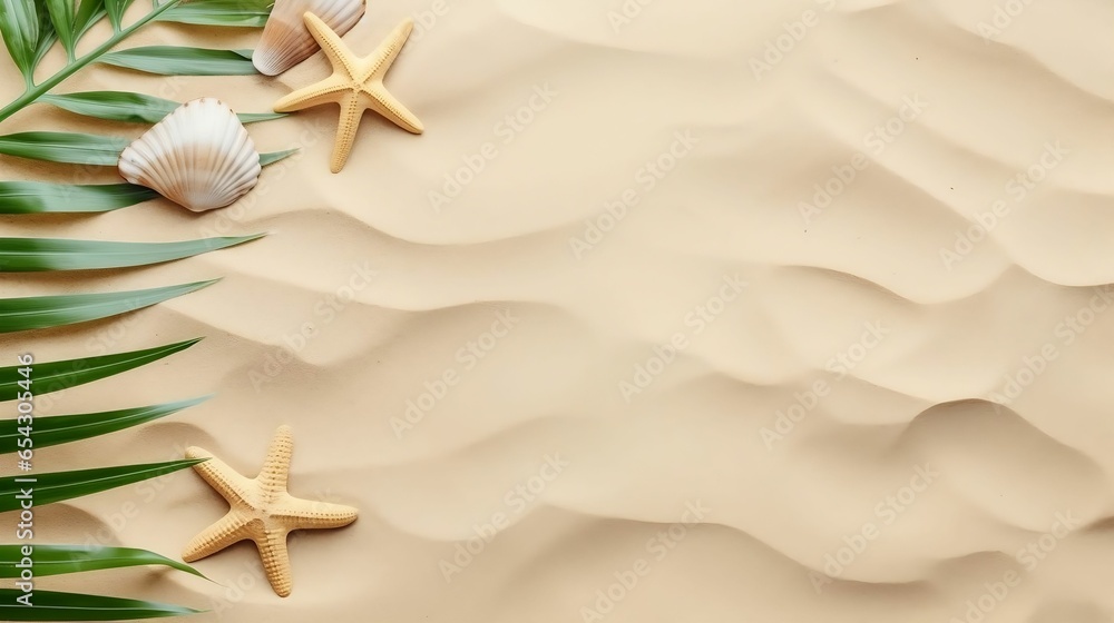 Top view of palm leaves, starfish on beach sand Top view of palm leaves, starfish on beach sand