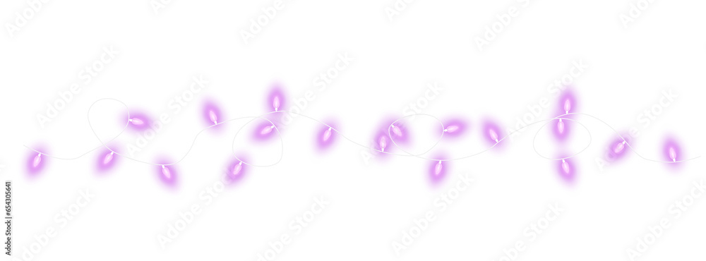 Purple christmas glowing garland. Christmas lights. Colorful Christmas garland. The light bulbs on the wires are insulated. PNG.