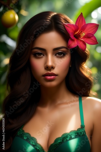 Portrait of beautiful young woman with orchid flowers in her hair