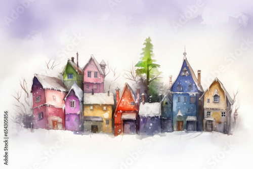 Cute Winter Town, watercolor. Fairy Tale Christmas Houses in the snow. Merry Christmas and Happy New Year. Winter or Christmas Festive Background, banner, poster, greeting card
