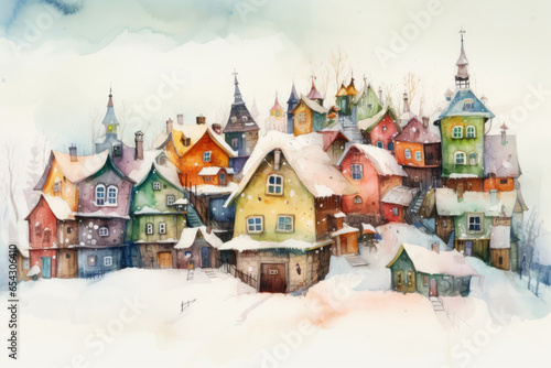 Cute Winter Town, watercolor. Fairy Tale Houses in the snow. Merry Christmas and Happy New Year. Winter or Christmas Festive Background, banner, poster, greeting card