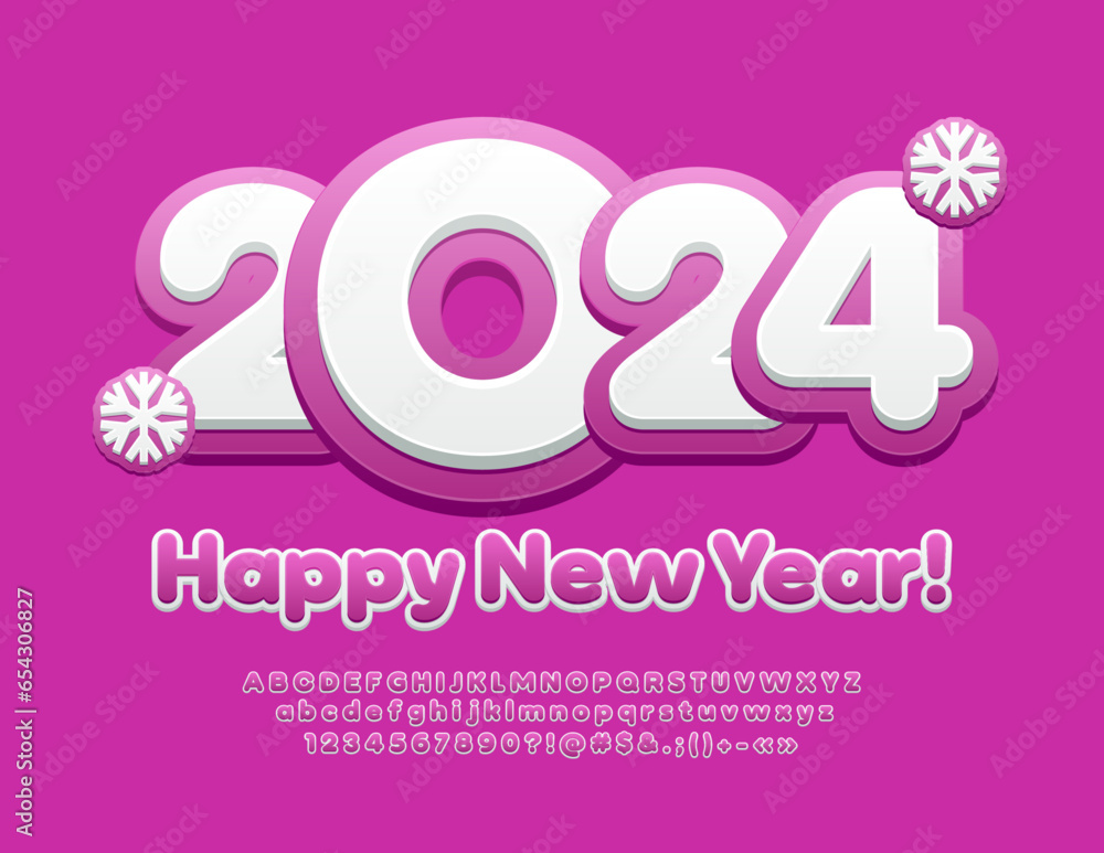 Vector Greeting Card Happy New Year 2024 with Snowflakes. Violet and White cute Font. Kids Alphabet Letters and Numbers. Vector Greeting Card Happy New Year 2024 with Snowflakes. Violet and White cute Font. Kids Alphabet Letters and Numbers.