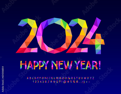 Vector creative Greeting Card Happy New Year 2024! Bright Mosaic Font. Artistic Alphabet letters, Symbols and Numbers. 