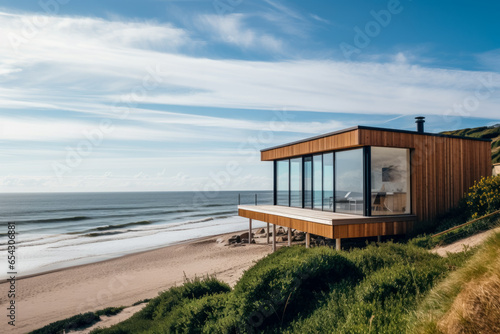 Beautiful modern flat wooden house at the beach near the ocean, on a brightful day, gorgeous landscape