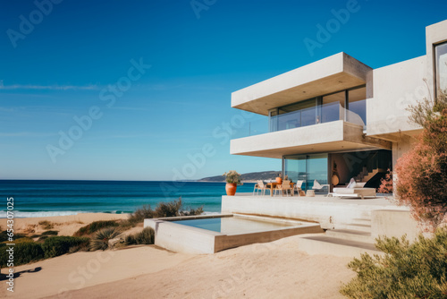 Beautiful modern flat concrete house at the beach near the ocean  on a brightful day  gorgeous landscape