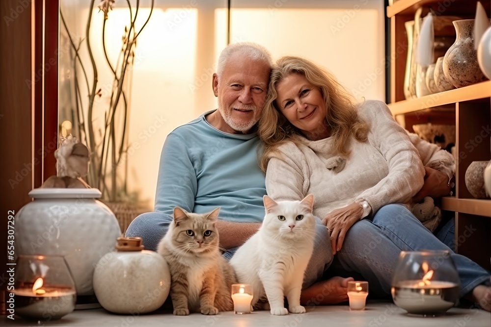 Happy senior couple in casual clothing smiling and taking care of the cats at home background. Animal bonding togetherness in the residence or house concept.