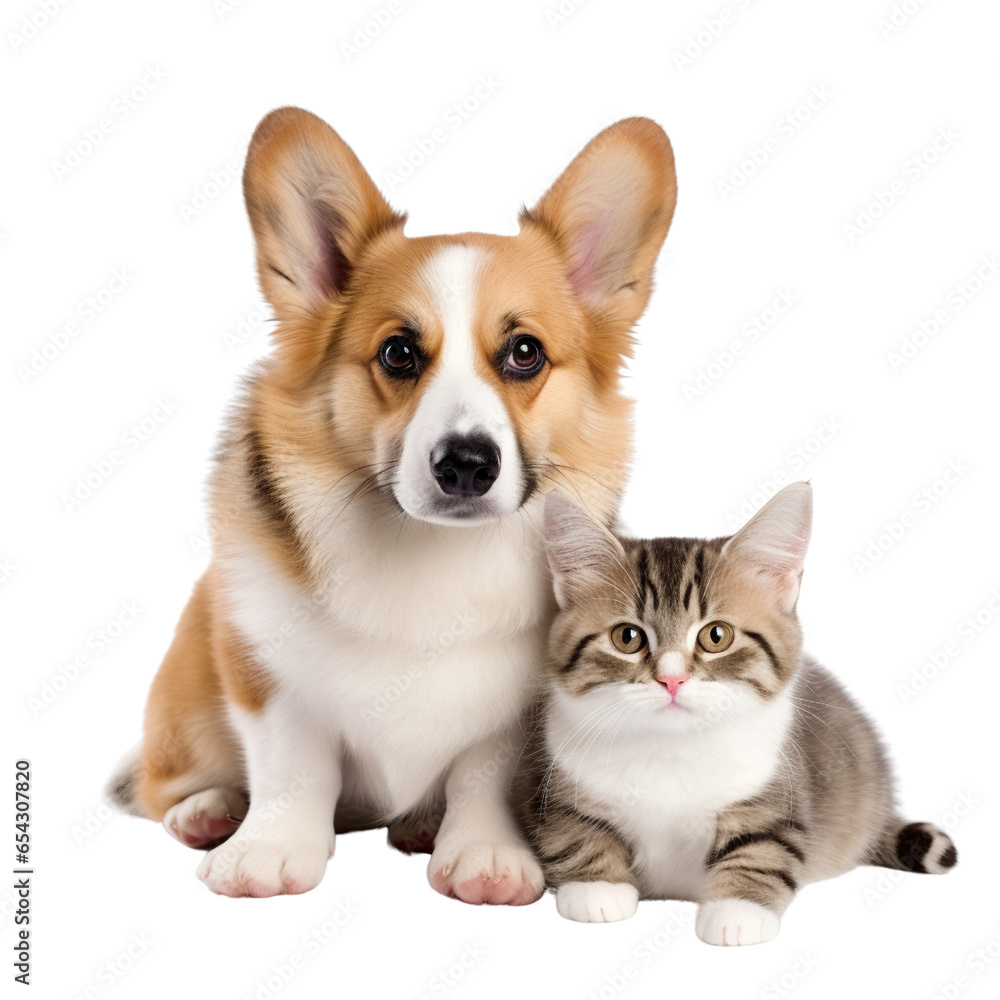 Dog and kitten sitting together in front of white background
