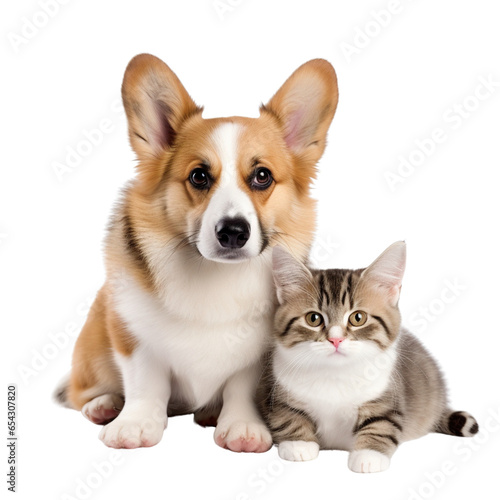 Dog and kitten sitting together in front of white background