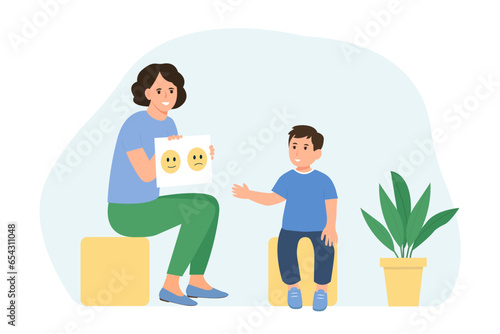 Child psychologist showing pictures to the boy. Family psychotherapy session for children with mental problems.Vector flat cartoon illustration