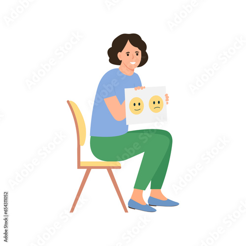Child psychologist showing picture. Family psychotherapy session for children with mental problems.Vector flat cartoon illustration